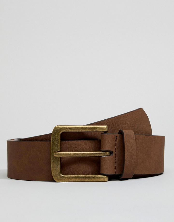 Asos Design Vegan Wide Belt In Brown Faux Leather With Vintage Gold Buckle - Brown