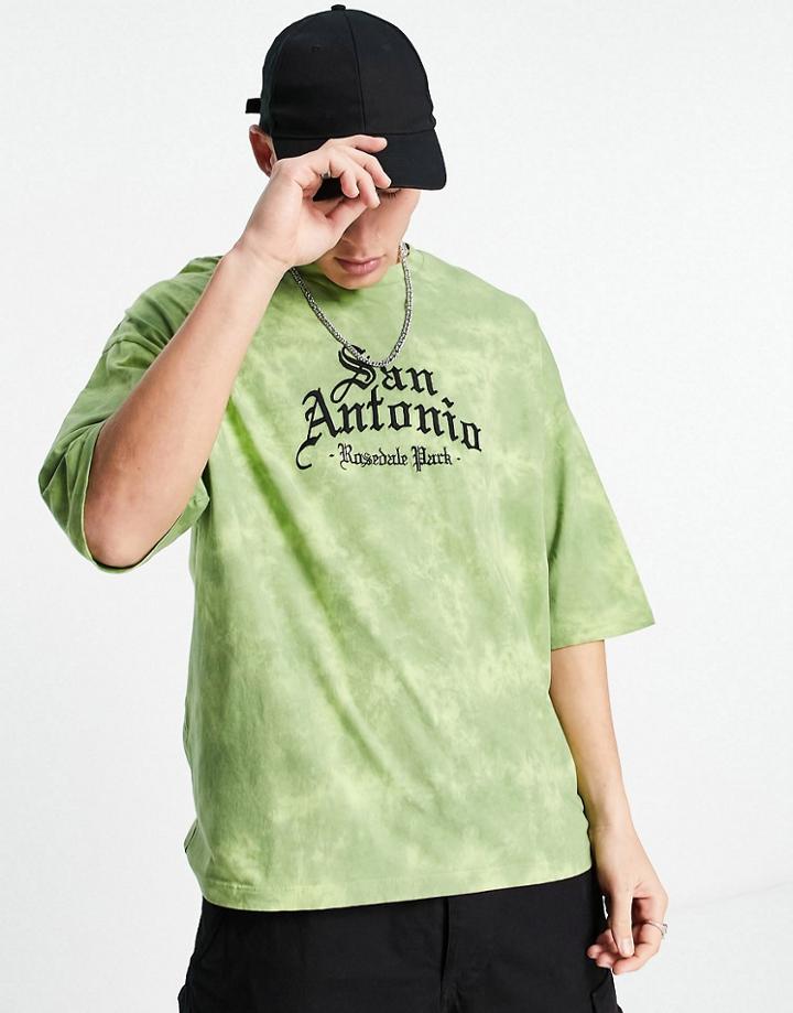 Asos Design Oversized T-shirt In Green Bleach Wash With City Chest Print
