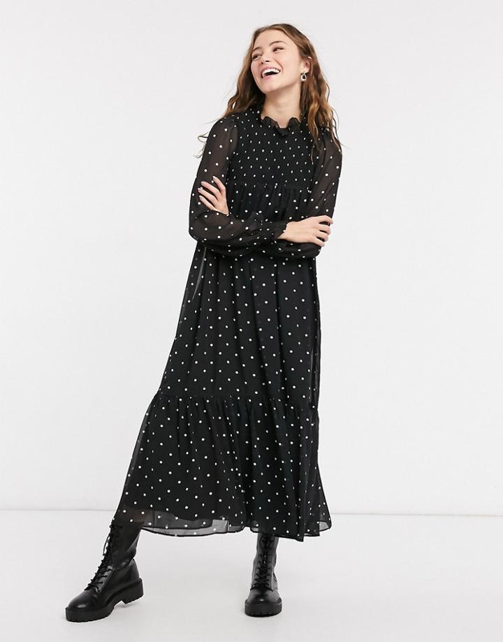 Asos Design Shirred Yoke Trapeze Maxi Dress In Mono Spot Print-multi