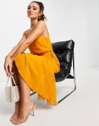 Asos Design Pleated Cami Midi Dress With Drawstring Waist In Mustard-yellow