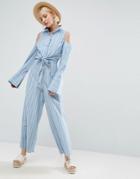 Asos Shirt Jumpsuit With Tie Front Detail And Cold Shoulder In Stripe - Blue