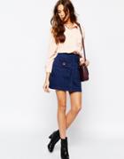 Neon Rose Denim Skirt With Eyelet Pocket - Indigo