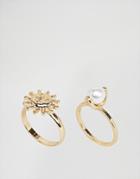 Asos Pack Of 2 Pearl And Sun Rings - Gold