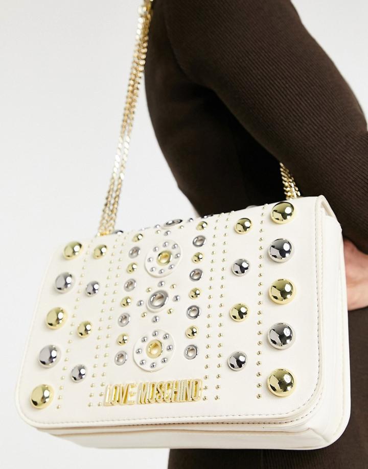 Love Moschino Stud Shoulder Bag In Ivory-white