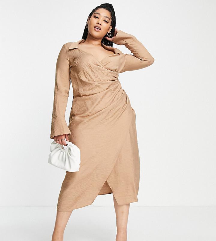 Asos Design Curve 70s Drape Front Wrap Midi Dress In Stone-neutral