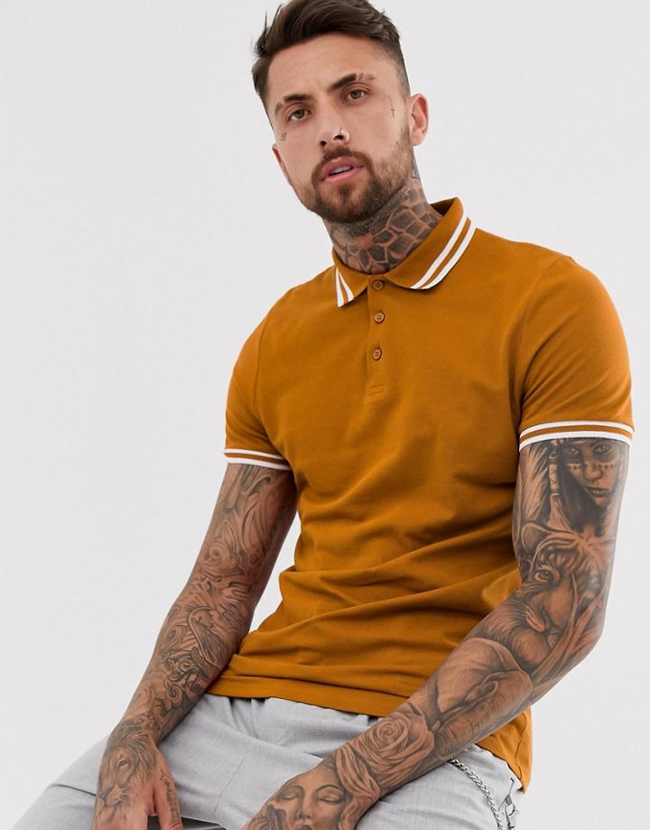 Asos Design Tipped Pique Polo Shirt In Tan - Brown