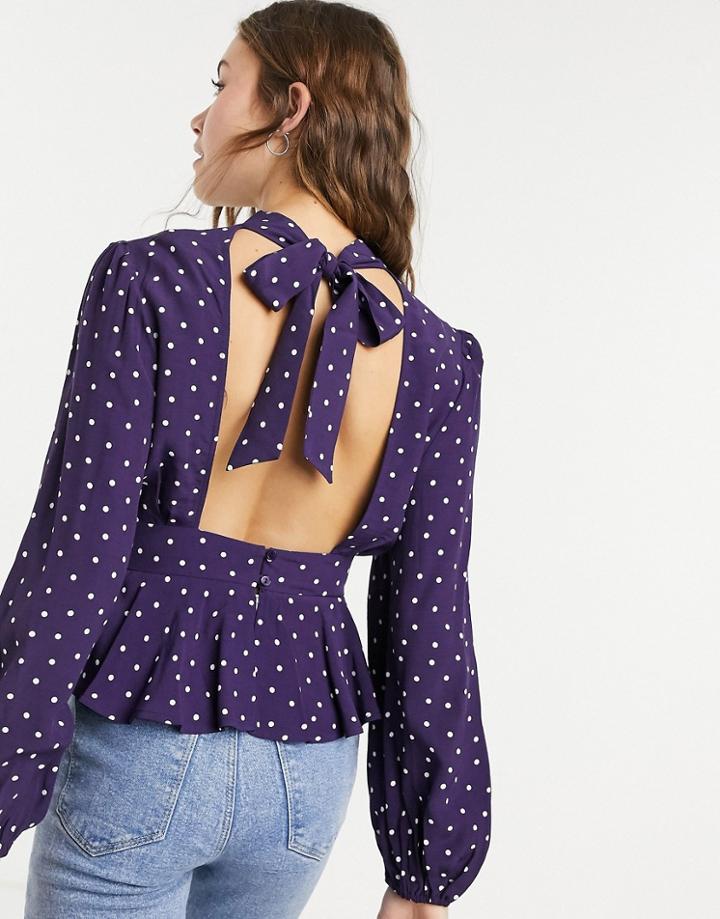 Nobody's Child Backless Plunge Blouse With Tie Neck In Dot Print-blue