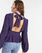 Nobody's Child Backless Plunge Blouse With Tie Neck In Dot Print-blue