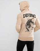 Defend London Zip Up Hoodie With Back Tiger Embroidery - Stone