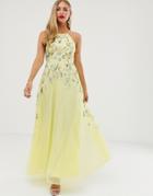 Asos Design Maxi Dress With Pinny Bodice In Embroidered Dobby - Yellow