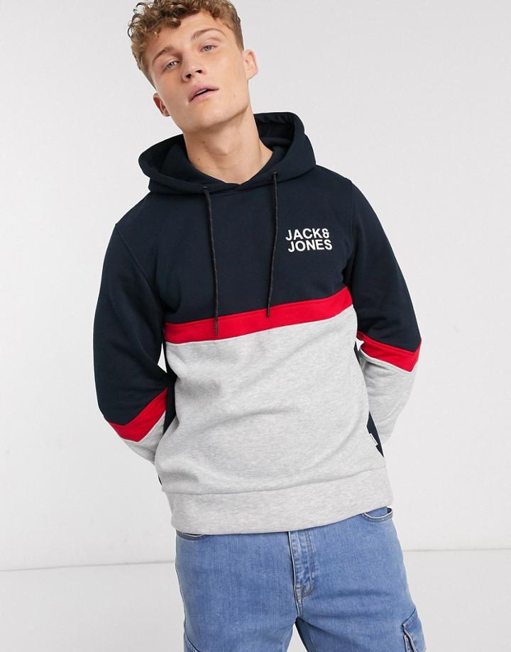 Jack & Jones Essentials Color Block Overhead Hoodie-grey