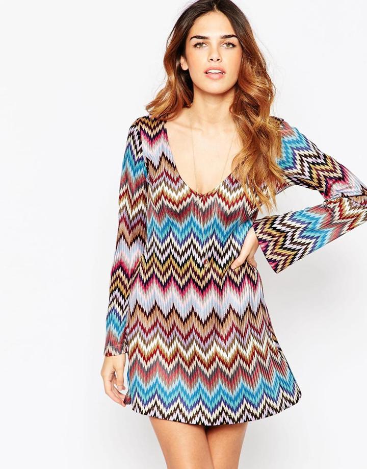 Asos 70's Shift Dress In Bright Textured Chevron - Print