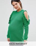 Asos Maternity Chunky Sweater With Ruffle Cold Shoulder - Green