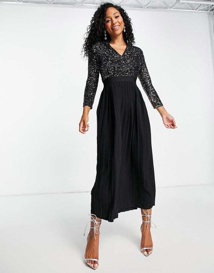 Little Mistress Sequin Pleated Midaxi Dress In Gunmetal-grey