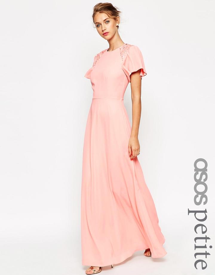 Asos Petite Maxi Dress With Embellished Sleeve - Peach