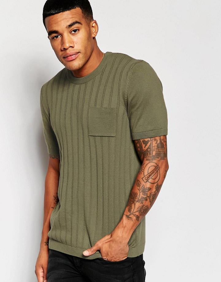 Asos Knitted T-shirt With Ribs - Khaki