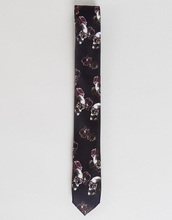 Asos Tie With Rose Skull Print - Black