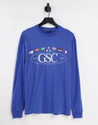 Asos Design Relaxed Long Sleeve T-shirt In Blue With City & Flag Print-blues