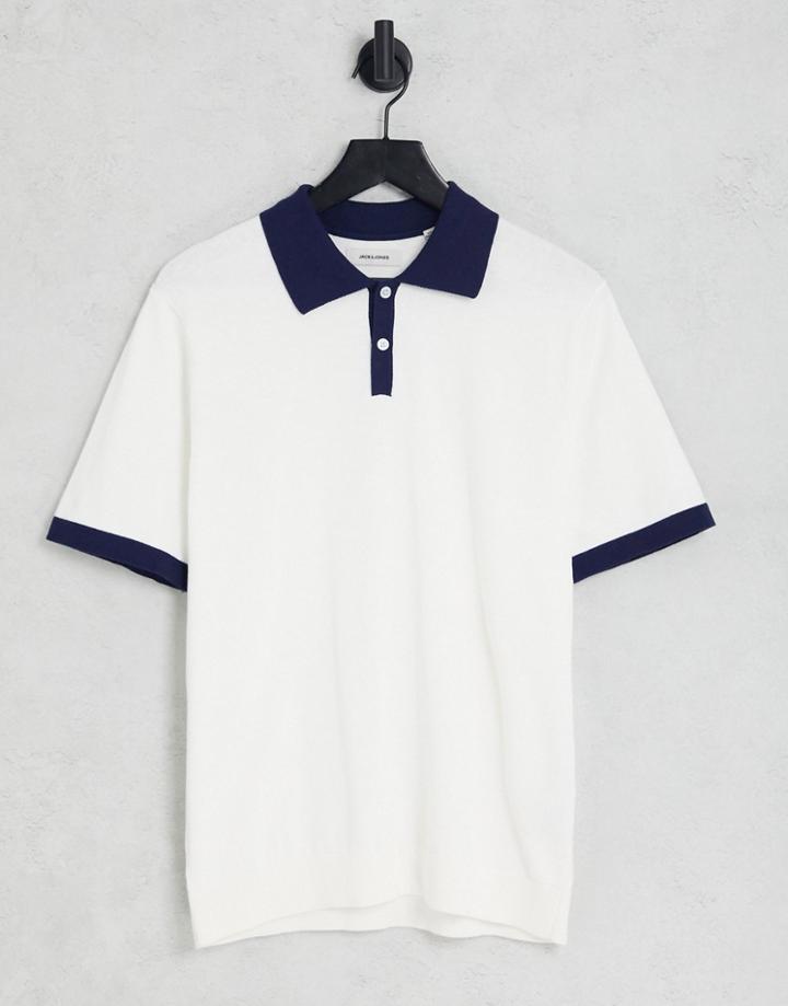Jack & Jones Premium Knit Polo In Ecru With Navy Tipping-white