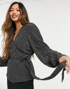 & Other Stories Ecovero Dot Print Long Sleeve Wrap Blouse In Black-multi