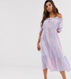 Asos Design Off Shoulder Tiered Maxi Beach Dress In Neon Flash Stripe - Multi