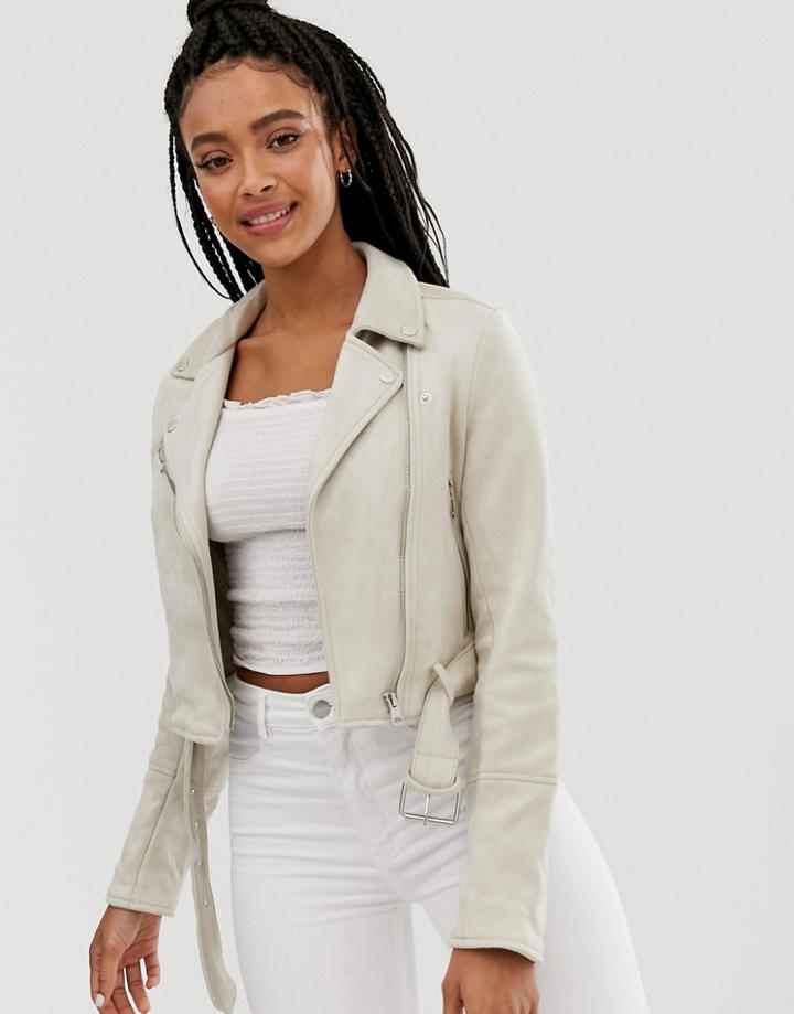 Pull & Bear Faux Suede Biker Jacket In Cream - Cream