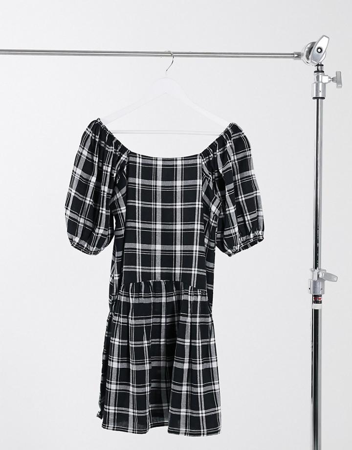 Violet Romance Puff Sleeve Drop Waist Mini Dress In Monochrome Plaid-black