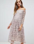 Dolly & Delicious Bardot All Over Lace Prom Midi Dress With Bell Sleeve In Mauve - Pink