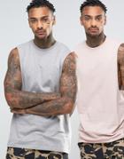 Asos 2 Pack Longline Sleeveless T-shirt In Gray Marl/pink With Dropped Armhole Save - Multi