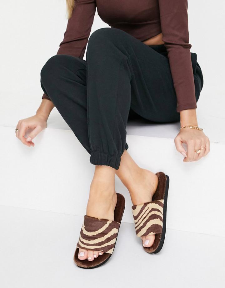 Monki Zebra Recycled Faux Fur Slippers In Brown