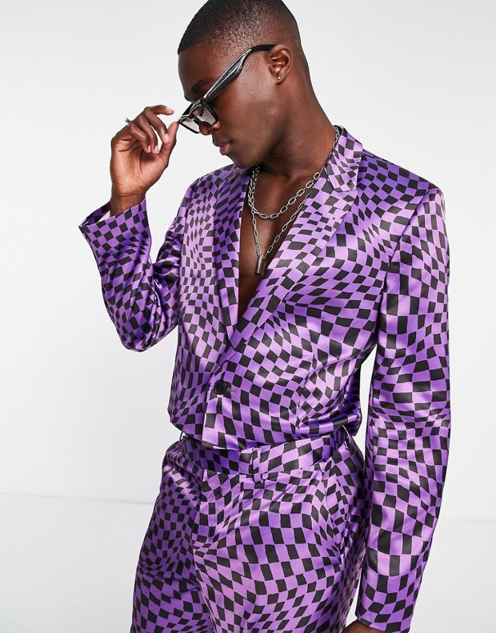 Asos Design Skinny Cropped Suit Jacket In Wavy Checkerboard In Purple