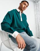 Asos Design Oversized Rugby Shirt With Contrast Collar In Green