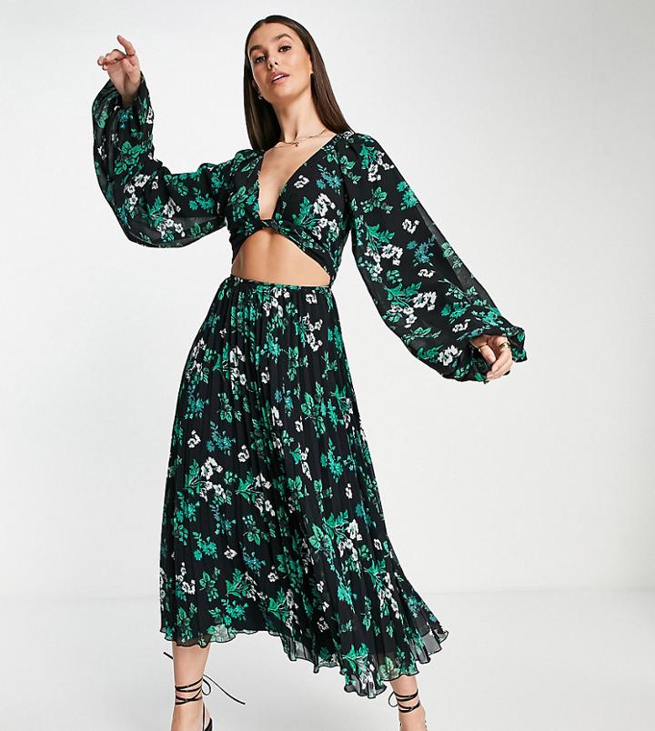 Asos Design Tall Tie Wrap Around Pleated Midi Dress In Dark Based Floral-multi