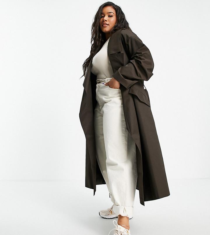Asos Design Curve Waterfall Trench Coat In Brown