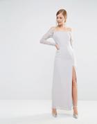 Elise Ryan Off Shoulder Maxi Dress With Lace Sleeve - Gray