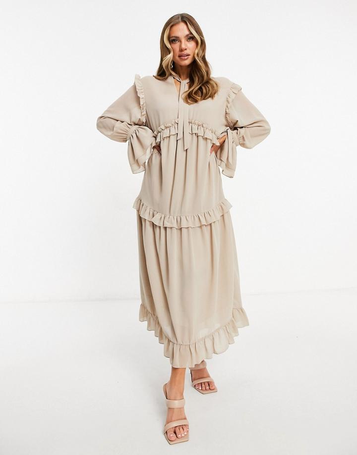 Pretty Lavish Ruffle Midaxi Smock Dress With Ruffle Detail In Beige-neutral