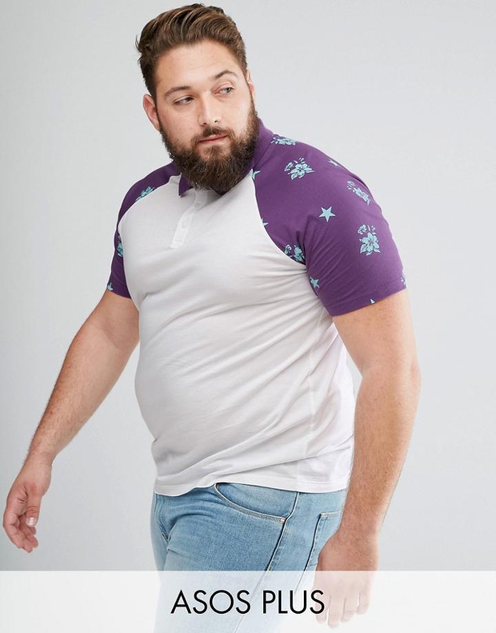 Asos Plus Raglan Polo With Floral Star Print Contrast Sleeves - White