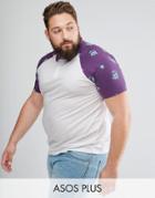 Asos Plus Raglan Polo With Floral Star Print Contrast Sleeves - White