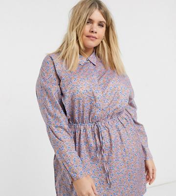 Ax Paris Plus Gathered Waist Shirt Dress In Ditsy Floral-pink