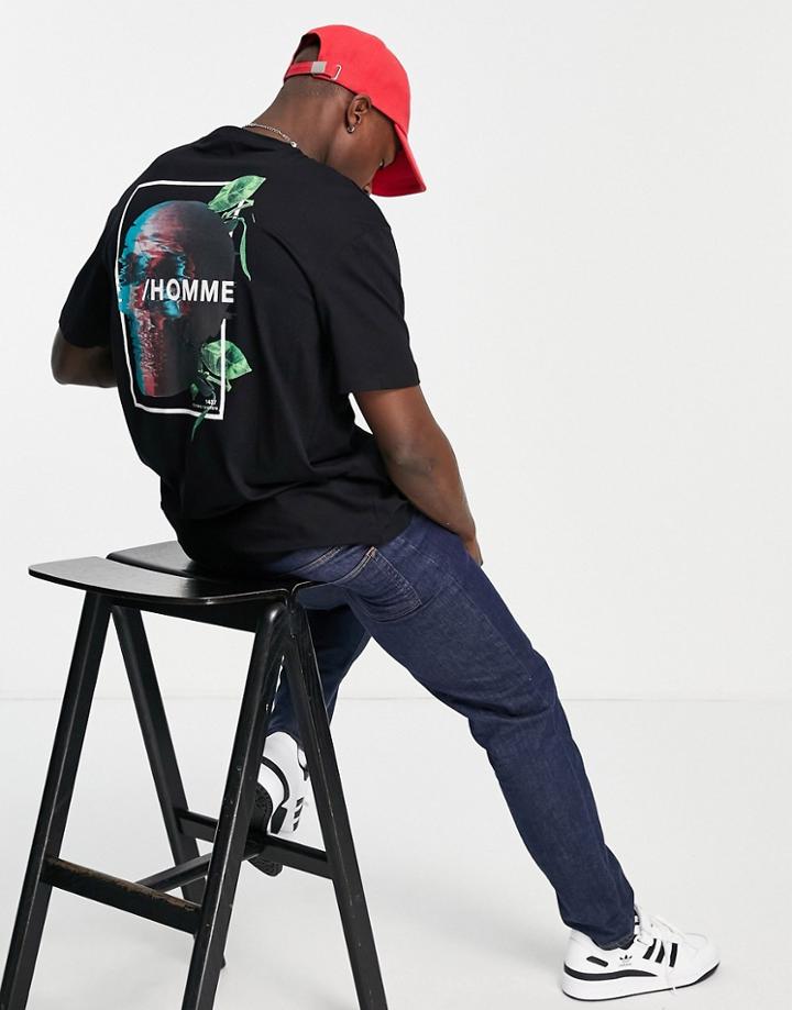 Selected Homme Organic Cotton Blend Oversized T-shirt Skull Back Print In Black