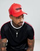 Asos Baseball Cap In Red Faux Leather With Black Embroidery - Red