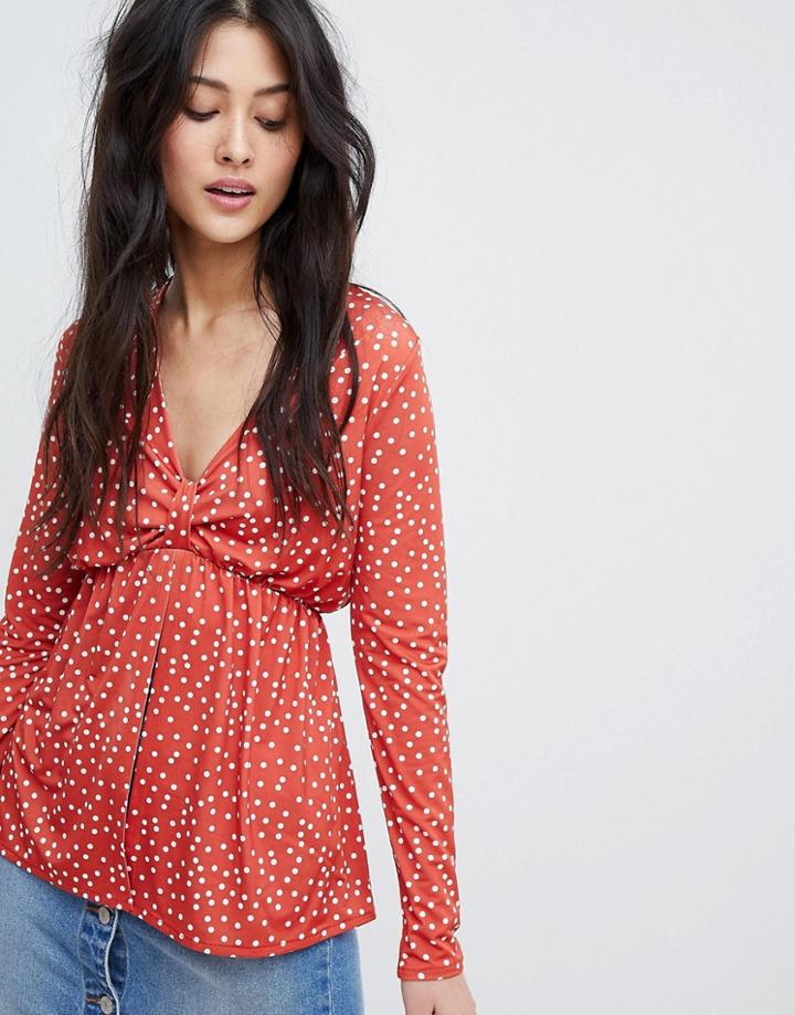 Asos Design Spot Plunge V Neck With Pep Hem - Orange