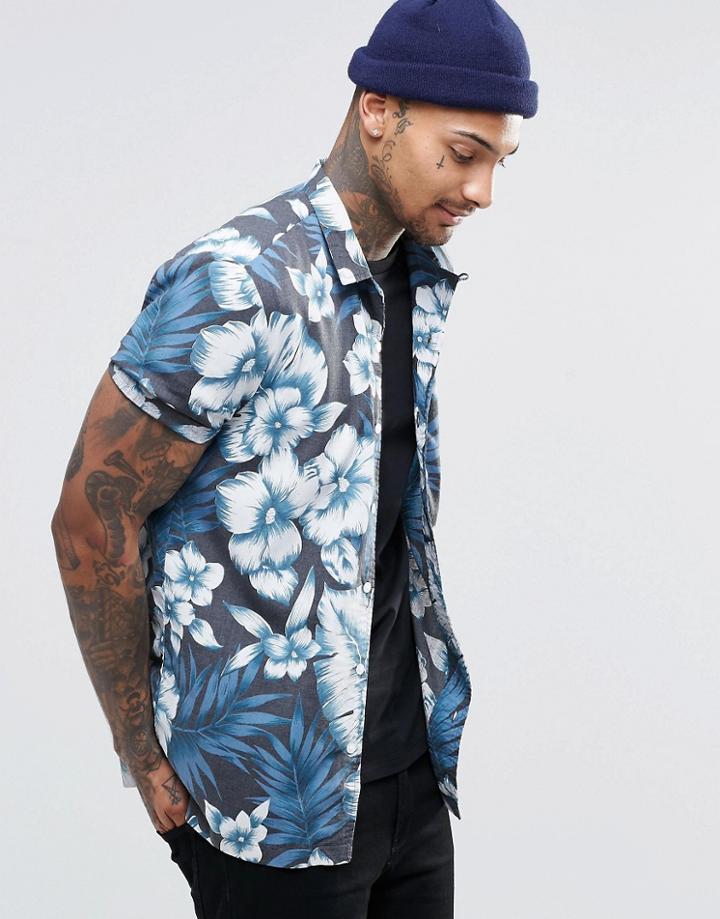Asos Hawaiian Shirt With Revere Collar In Blue - Blue