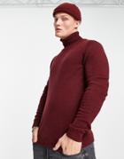 Asos Design Lambswool Roll Neck Sweater In Burgundy-red