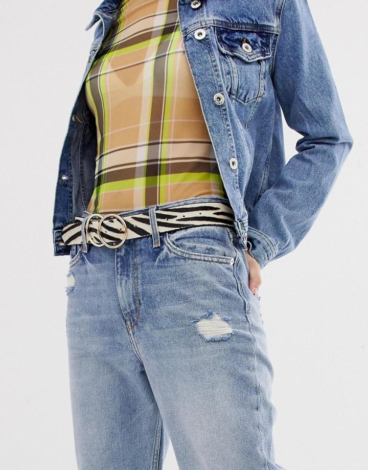 River Island Belt With Double Circle Buckle In Zebra Print-white