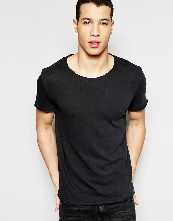 Selected Homme Raw Neck Short Sleeve V-neck T-shirt - Black