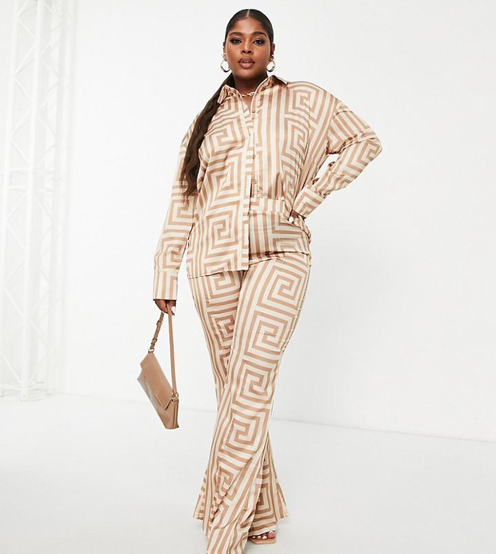 Public Desire Curve Satin Printed Pant In Brown Geo - Part Of A Set