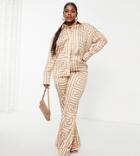 Public Desire Curve Satin Printed Pant In Brown Geo - Part Of A Set