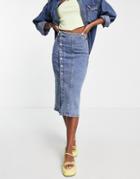 Lost Ink Button Side Denim Midi Skirt In Mid Blue