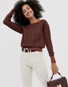 River Island Off The Shoulder Sweater In Brown Print